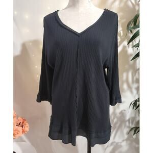 Soft Surroundings Kanyin Ribbed Knit V-Neck Sheer Trim Tunic Top Size 1X Black